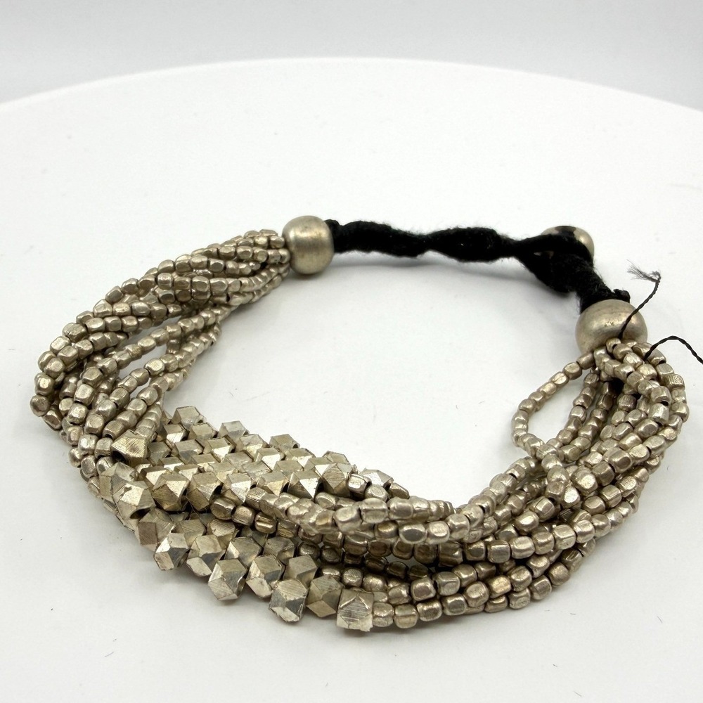 Multi Strand Beaded Bracelet Silver Tone Metallic Boho Stackable Statement Gift